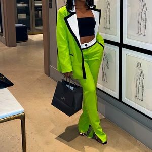 Lime Green Color Block Blazer Pants Suit Set